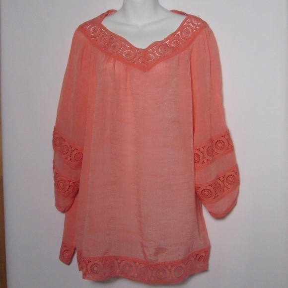 Indigo Soul Tops - Indigo Soul Salmon Pink Tunic Large Crochet Lace